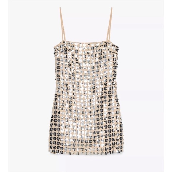Zara Silver Sequin Beige Square Neck Mini Dress- Small - Picture 2 of 16